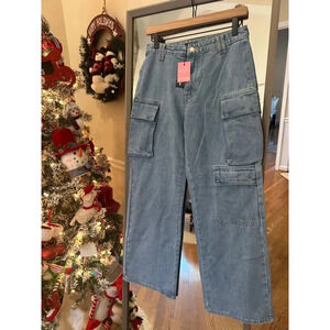 Women's PRETTYLITTLETHING Cargo Light Blue Wash Jeans, Size Petite 6, Wide Leg